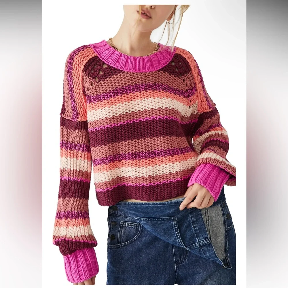 Free People Devon Sweater NWT Fuchsia Rose Combo - Picture 1 of 6